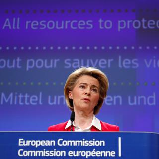 La présidente de la Commission européenne a également donné une conférence de presse depuis Bruxelles, jeudi 2 avril 2020. [AFP - François Lenoir]
