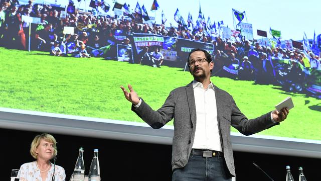 Balthasar Glaettli lors de l'assemblée des Verts à Windisch (AG), le samedi 15 août 2020. [Keystone - Walter Bieri]