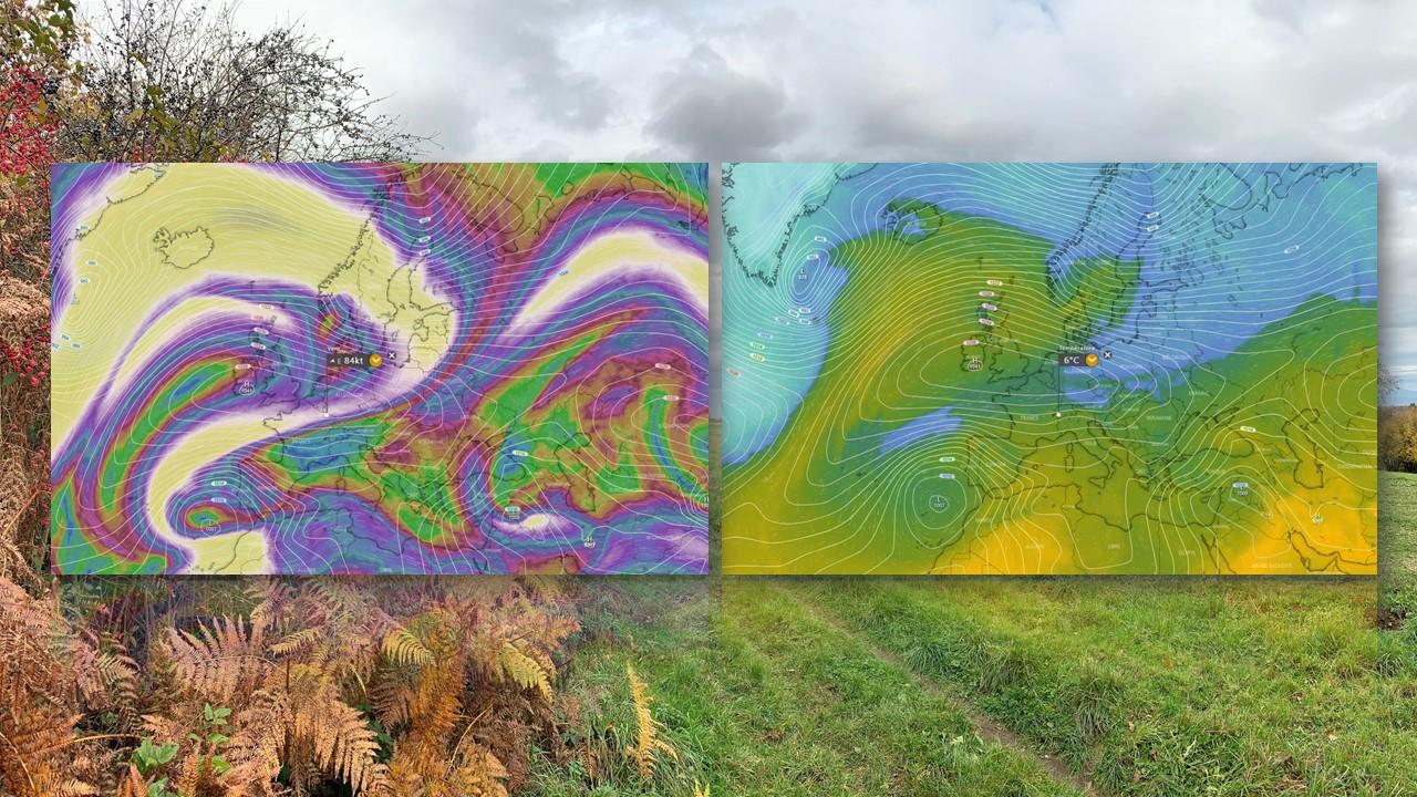 Position du jet-stream et températures à 850 hPa (1500 m) prévus par le modèles ECMWF le 5 novembre 2020 [ECMWF/windy.com - Roger Matthias Link]