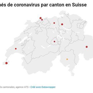 Carte des cas confirmés de coronavirus en Suisse le 28 février à 17:30. [RTS]