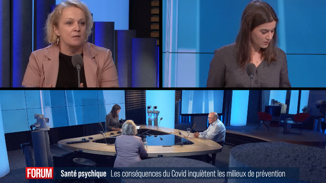 Interview de Florence Nater, directrice de l'Association faîtière romande d'action en santé psychique et Pierre Vallon, président de la Société suisse de psychiatrie et psychothérapie. [RTS]