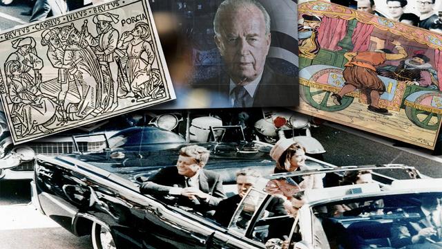 Les assassinats à travers le monde et l'histoire. Ici le président américain John F. Kennedy, iconographie du meurtre de l'empereur romain César, le Premier ministre israélien Yitzhak Rabin et iconographie du meurtre du roi français Henri IV. [RTS - Archives]