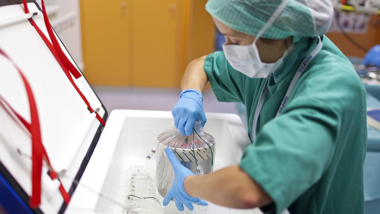Une boîte contenant le coeur d'un donneur manipulée dans un hôpital de Zurich en 2011. [Keystone - Gaetan Bally]