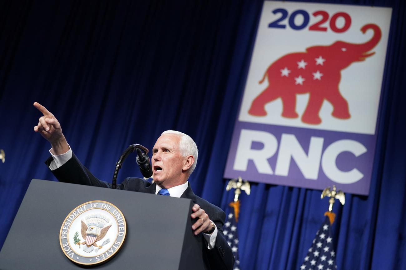 Le vice-président Mike Pence parle à la Convention nationale républicaine (RNC) à Charlotte, en Caroline du Nord, le 24 août 2020. [Keystone/AP Photo - Andrew Harnik]