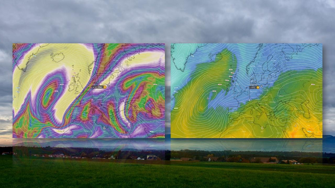 Position du jet-stream et températures à 850 hPa (1500 m) prévus par le modèles ECMWF le 4 novembre 2020 [ECMWF/windy.com - Olivier Roux]