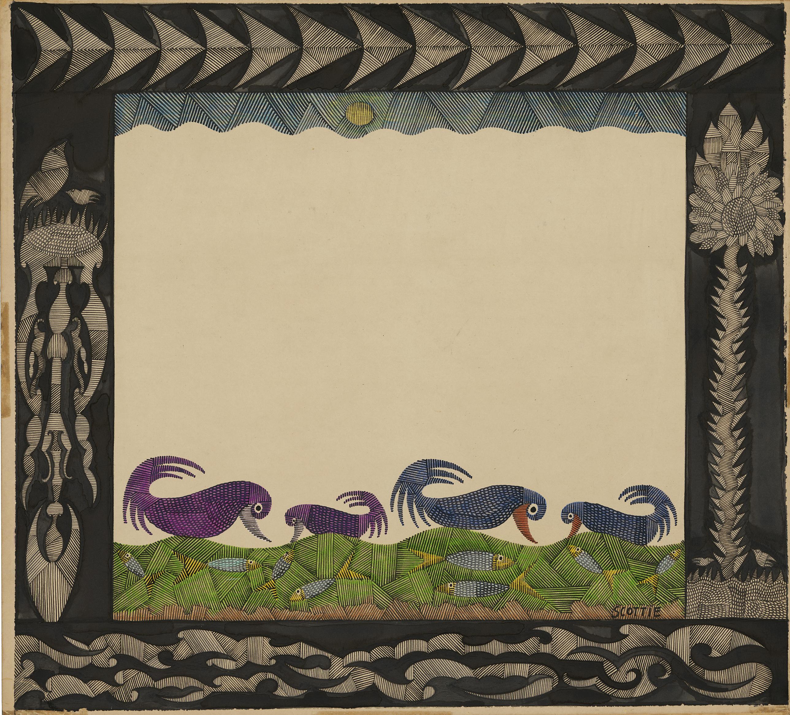 Scottie Wilson-Feeding time, 1950, encre de Chine et crayon de couleur sur carton, 50,8 x 55,5 cm. [AN – Collection de l’Art Brut, Lausanne]