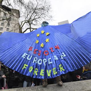 Un manifestant anti-Brexit à Londres, la veille de la sortie du Royaume-Uni de l'Union Européenne. [AP Photo/Keystone - Alberto Pezzali]