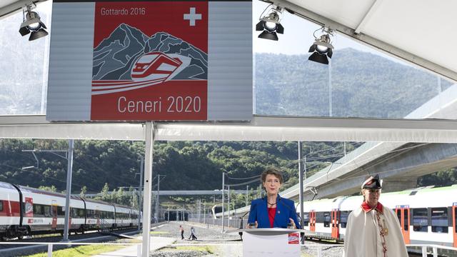 Simonetta Sommaruga lors de l'inauguration du tunnel du Monte Ceneri, le 4 septembre 2020. [Keystone - Gaetan Bally]