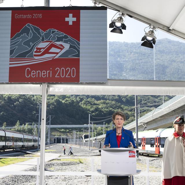 Simonetta Sommaruga lors de l'inauguration du tunnel du Monte Ceneri, le 4 septembre 2020. [Keystone - Gaetan Bally]