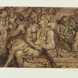 Ludwig Georg Vogel (1788-1879), "Joyeuse compagnie dans une taverne", 19e siècle, dessin à la plume et lavis, Zurich. [chateaudeprangins.ch]
