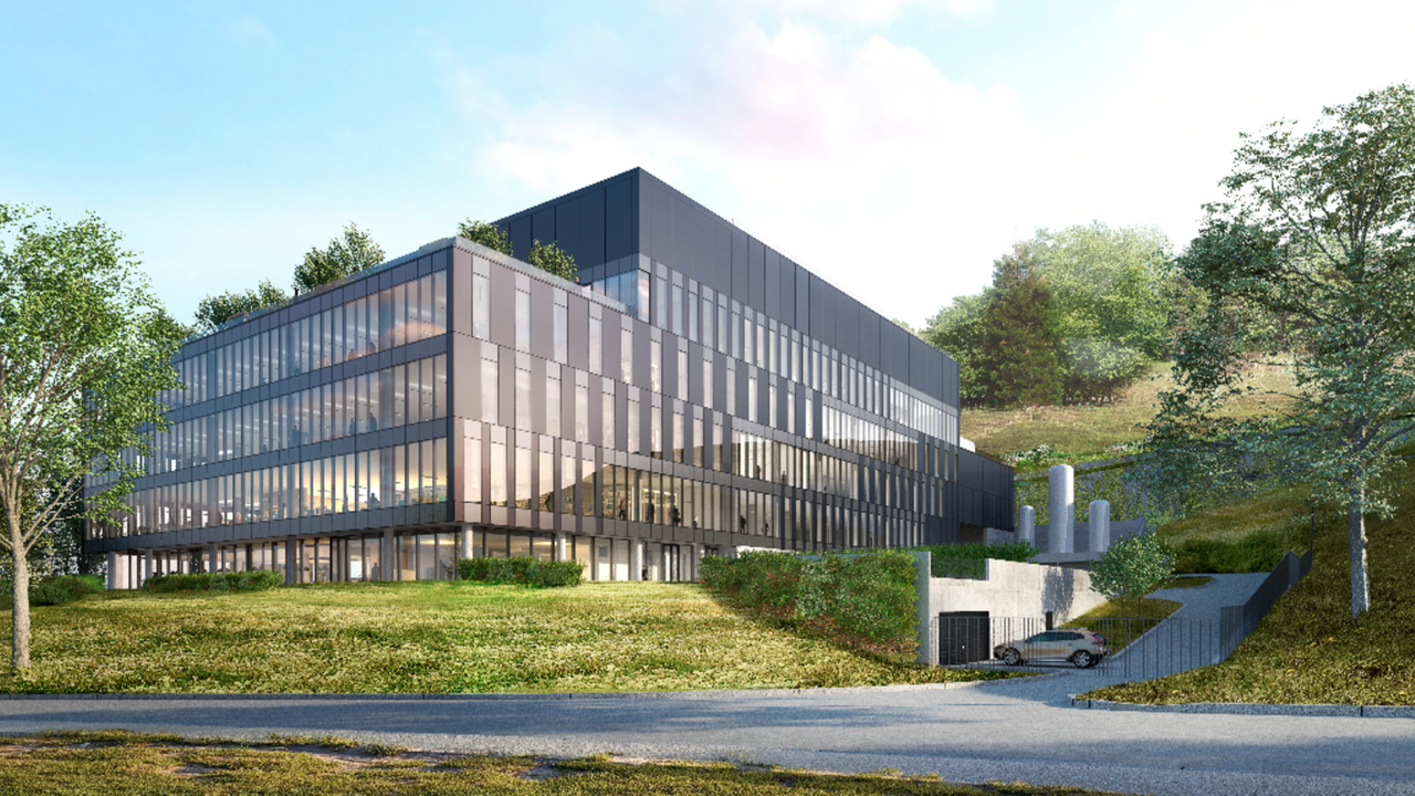 Image de synthèse du futur centre de Merck à Corsier-sur-Vevey. [Merck - Biotech Development Center]