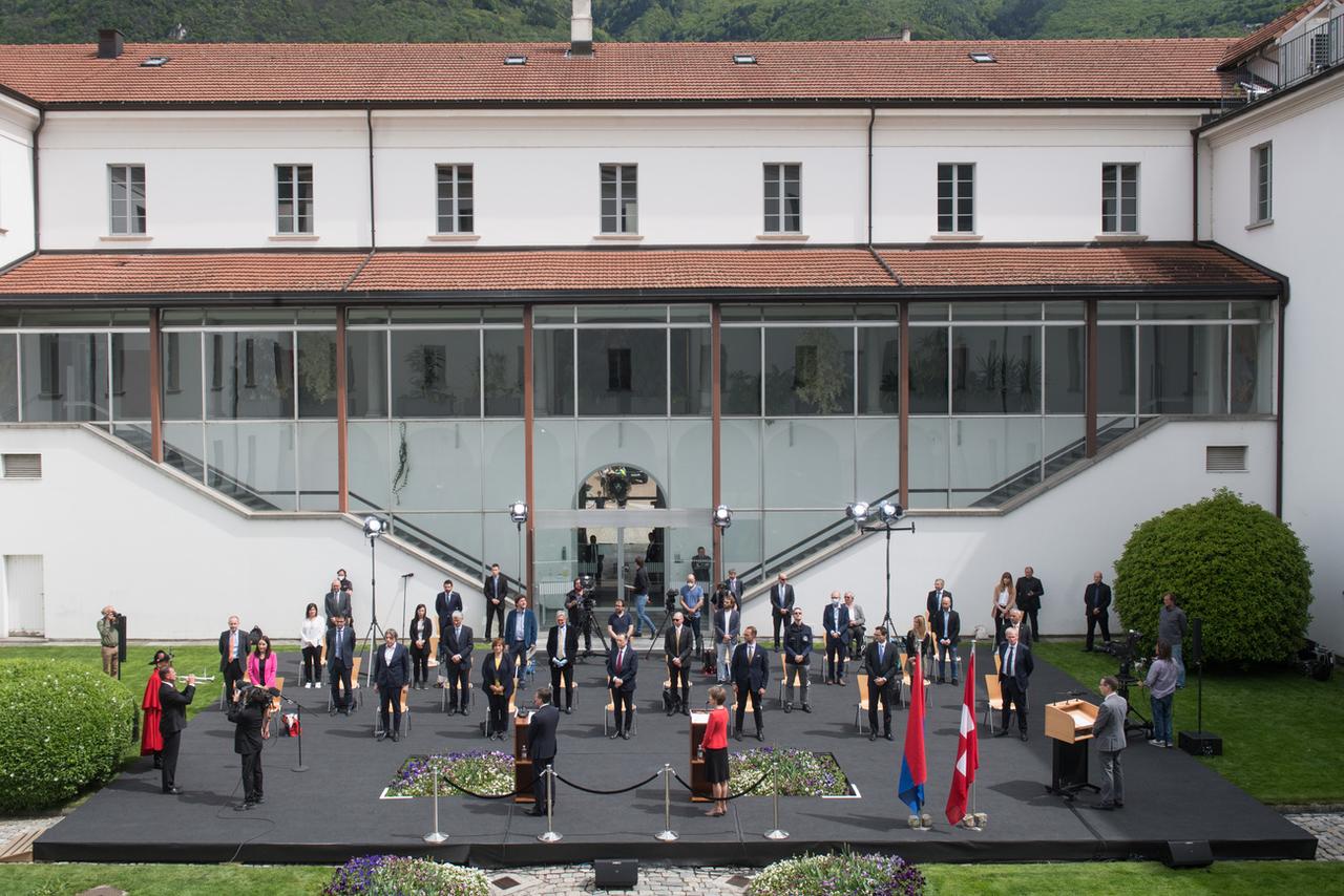 La conférence de presse de Simonetta Sommaruga au Tessin. [Keystone - Ti-Press/Alessandro Crinari]