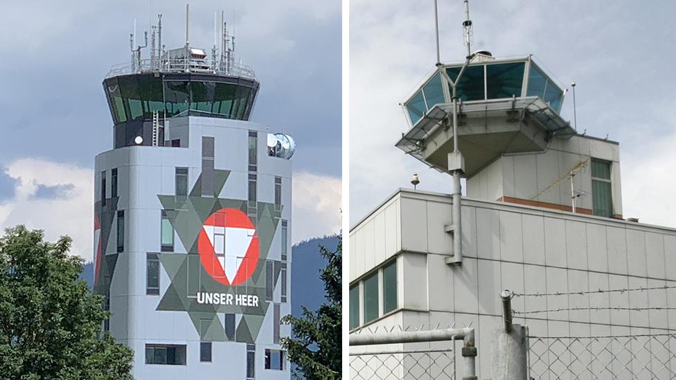 Les bases aériennes de Zeltweg, en Autriche (gauche), et de Payerne, en Suisse. [RTS/Keystone - Mathieu Henderson/Dominic Favre]