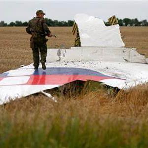 Un séparatiste prorusse sur l'empennage de l'avion de ligne MH17 abattu le 17 juillet 2014. [Reuters - Maxim Zmeyev]