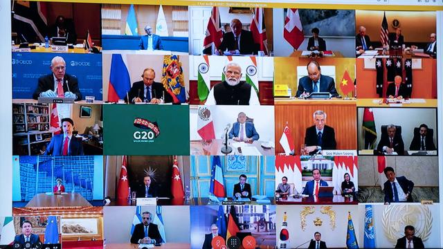 Les membres du G20 lors d'une visioconférence le 26 mars 2020.