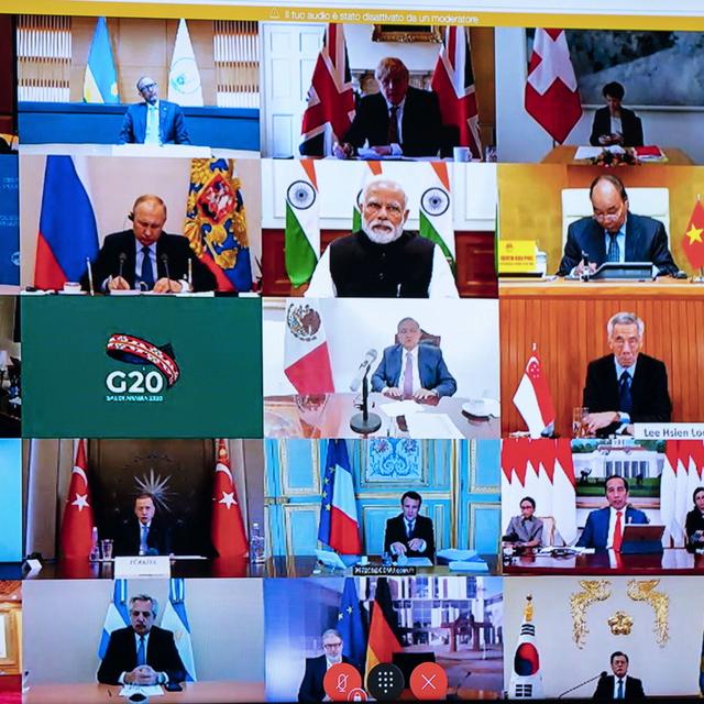 Les membres du G20 lors d'une visioconférence le 26 mars 2020.