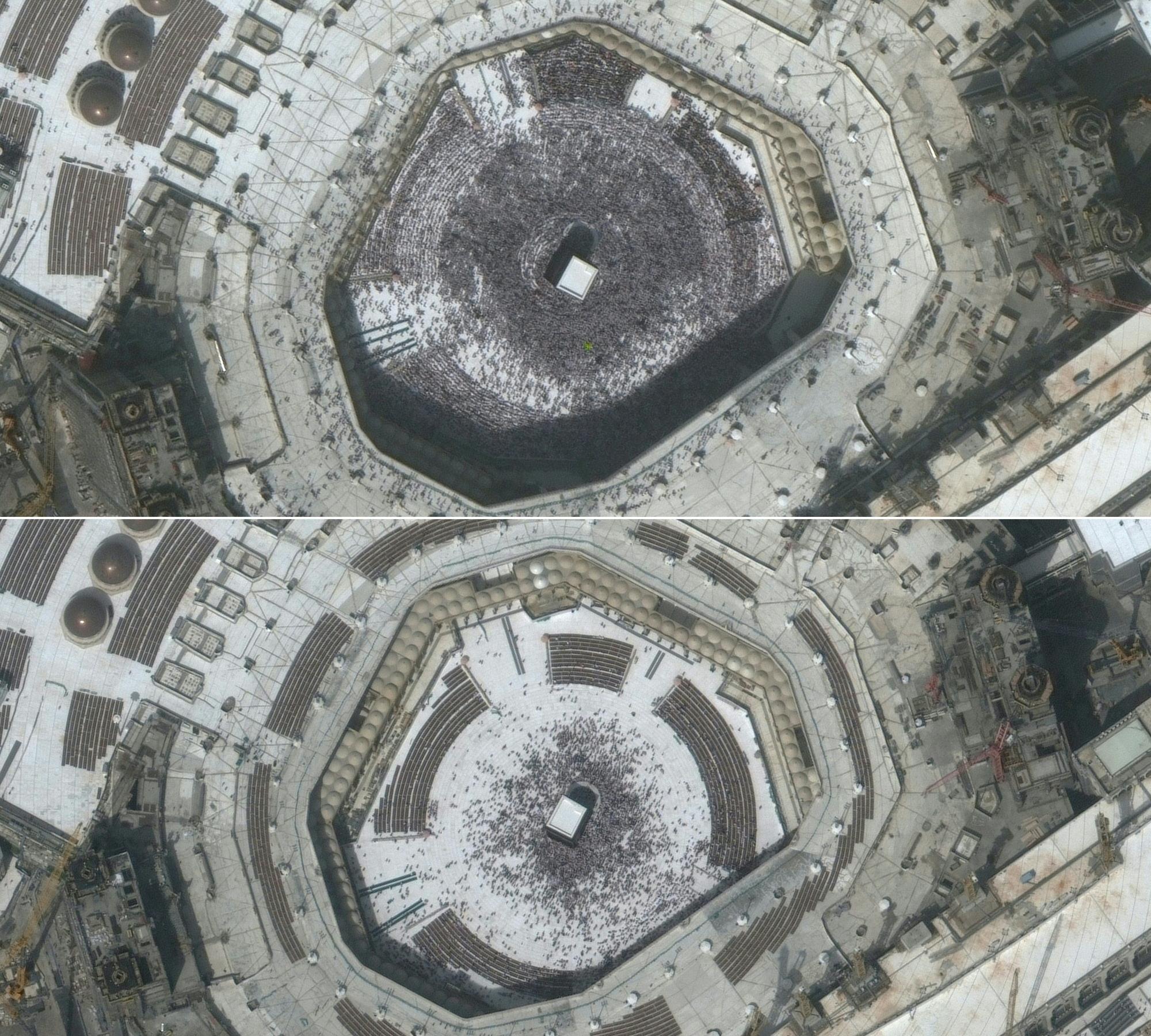 La Kaaba de la grande mosquée de la Mecque le 14 février 2020, puis le 5 mars. [AFP - Maxar Technologies]