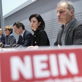 Le comité contre l'initiative pour plus de logements abordables a présenté ses arguments à Berne le 9 janvier 2020. [Keystone - Marcel Bieri]