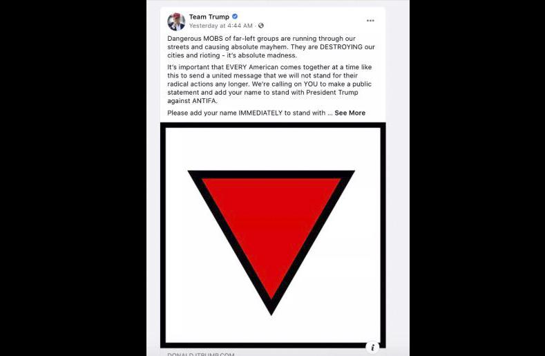 Facebook a retiré des publicités publiées par la campagne électorale de Donald Trump qui affichaient un triangle rouge inversé, le symbole utilisé par les nazis pour désigner les prisonniers politiques dans les camps de concentration. [AFP photo - Facebook]