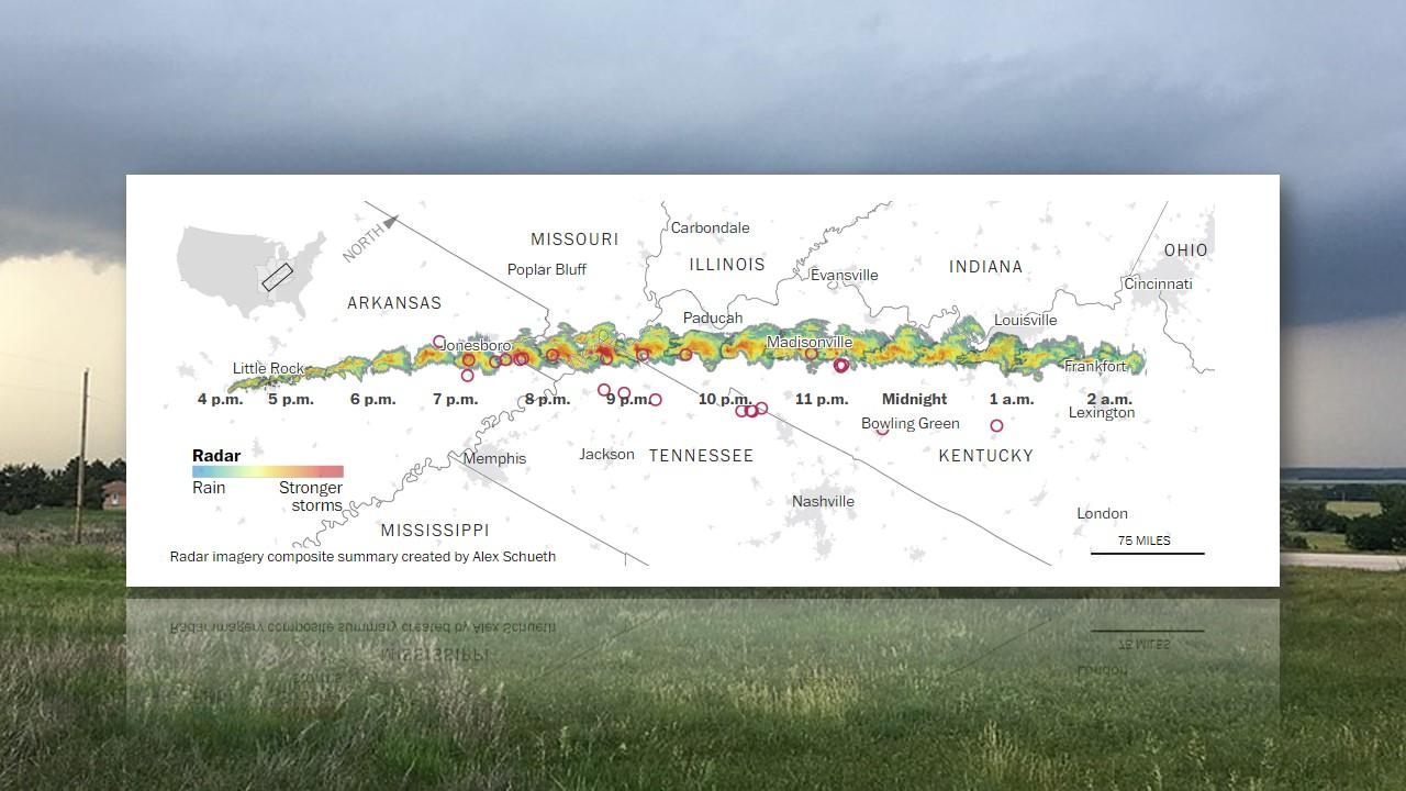 Trajectoire de la tornade de Mayfield entre le 10 et le 11 décembre 2021 [Alex Schueth/Washington Post]