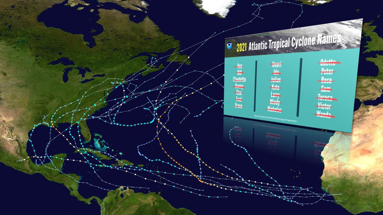 Trajectoires et nom des tempêtes en 2021 [NOAA]