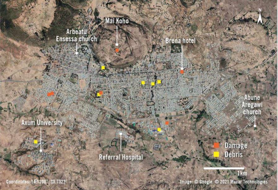 Un aperçu d'Aksoum montre les principaux endroits de la ville. Les structures endommagées par les bombardements et les frappes aériennes sont indiquées en orange. Les zones comportant des débris importants, probablement dus à des pillages, sont indiquées en jaune. [Amnesty International/Google]