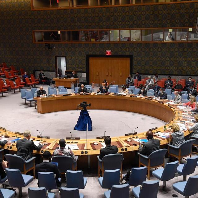 Le Conseil de sécurité de l'ONU réuni en urgence à New York, 16.08.2021. [United Nations/EPA/Keystone - Manuel Elias]