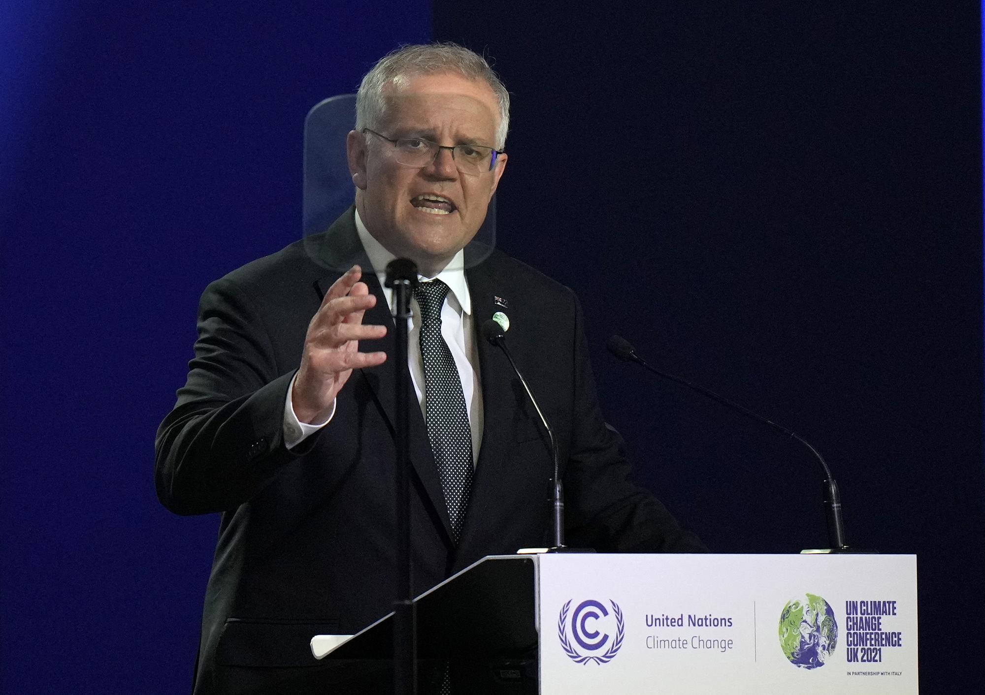 Le Premier ministre australien Scott Morrison s'exprime lors de la COP26 à Glasgow, le 1er novembre 2021. [AFP - Alastair Grant / Pool]