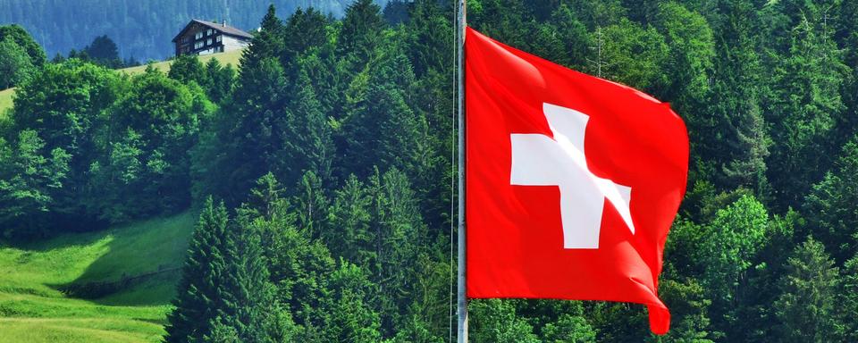 Un drapeau suisse vole au vent dans la montagne. [Depositphotos - MarioKrpan]