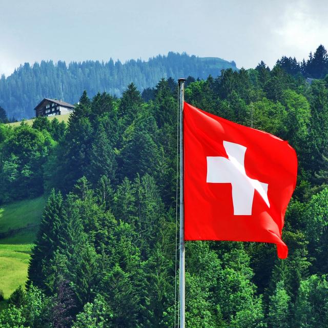 Un drapeau suisse vole au vent dans la montagne. [Depositphotos - MarioKrpan]