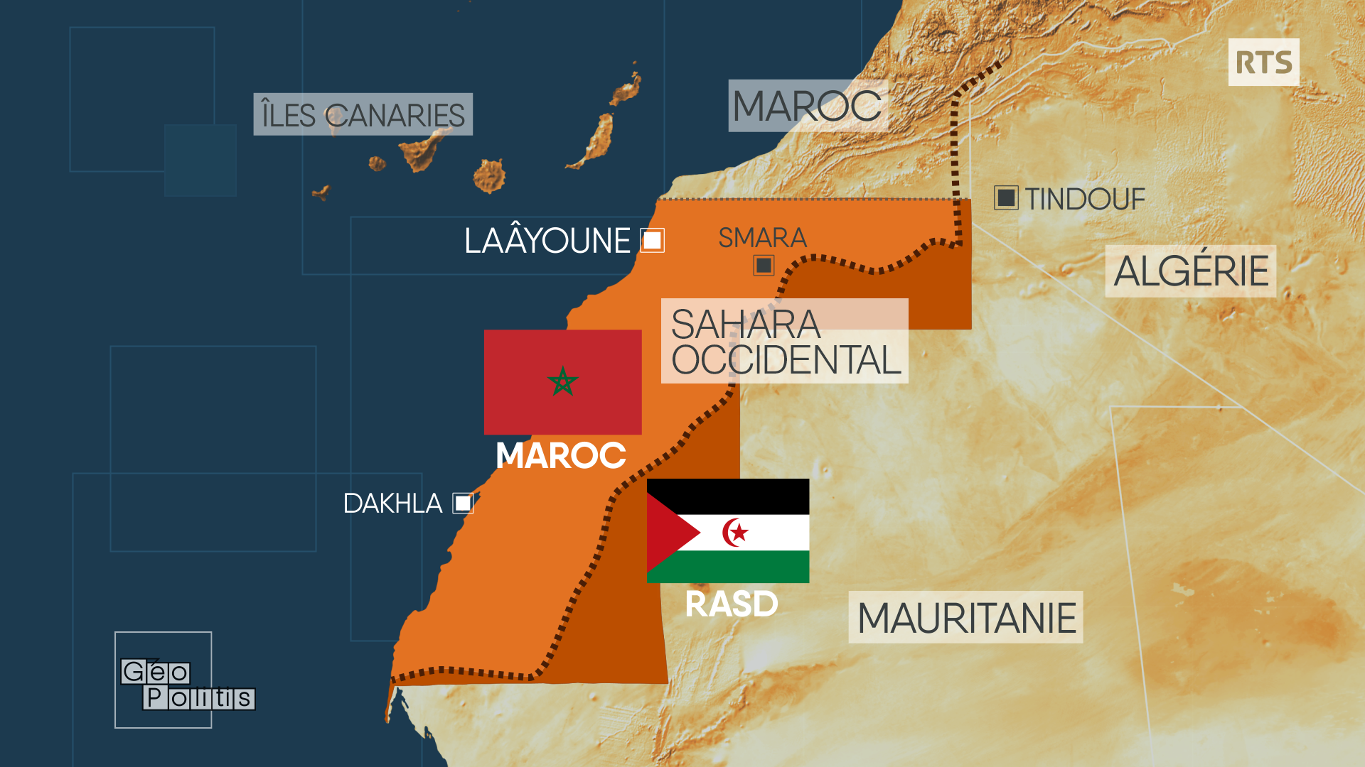 Le Maroc contrôle aujourd'hui 80% du Sahara occidental. Au-delà, de vastes étendues de sable sont considérées par le Front Polisario comme "territoires libérés" de la République arabe sahraouie démocratique. Les deux territoires sont séparés par un mur de sable long de 2500 km. [RTS - Géopolitis]