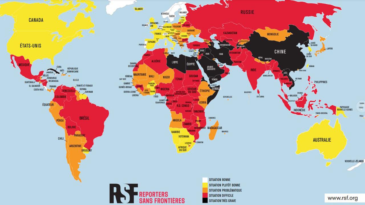 L'état de la liberté de la presse dans le monde, carte de Reporters sans frontières. [RSF]
