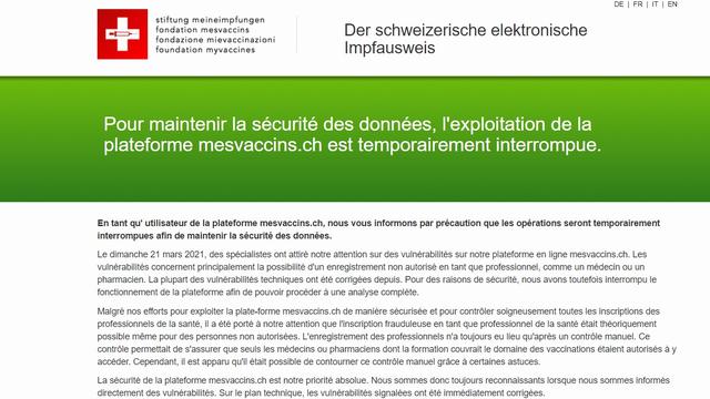 Page d'accueil du site mesvaccins.ch le 26 mars 2021 à 16h58. [mesvaccins.ch]