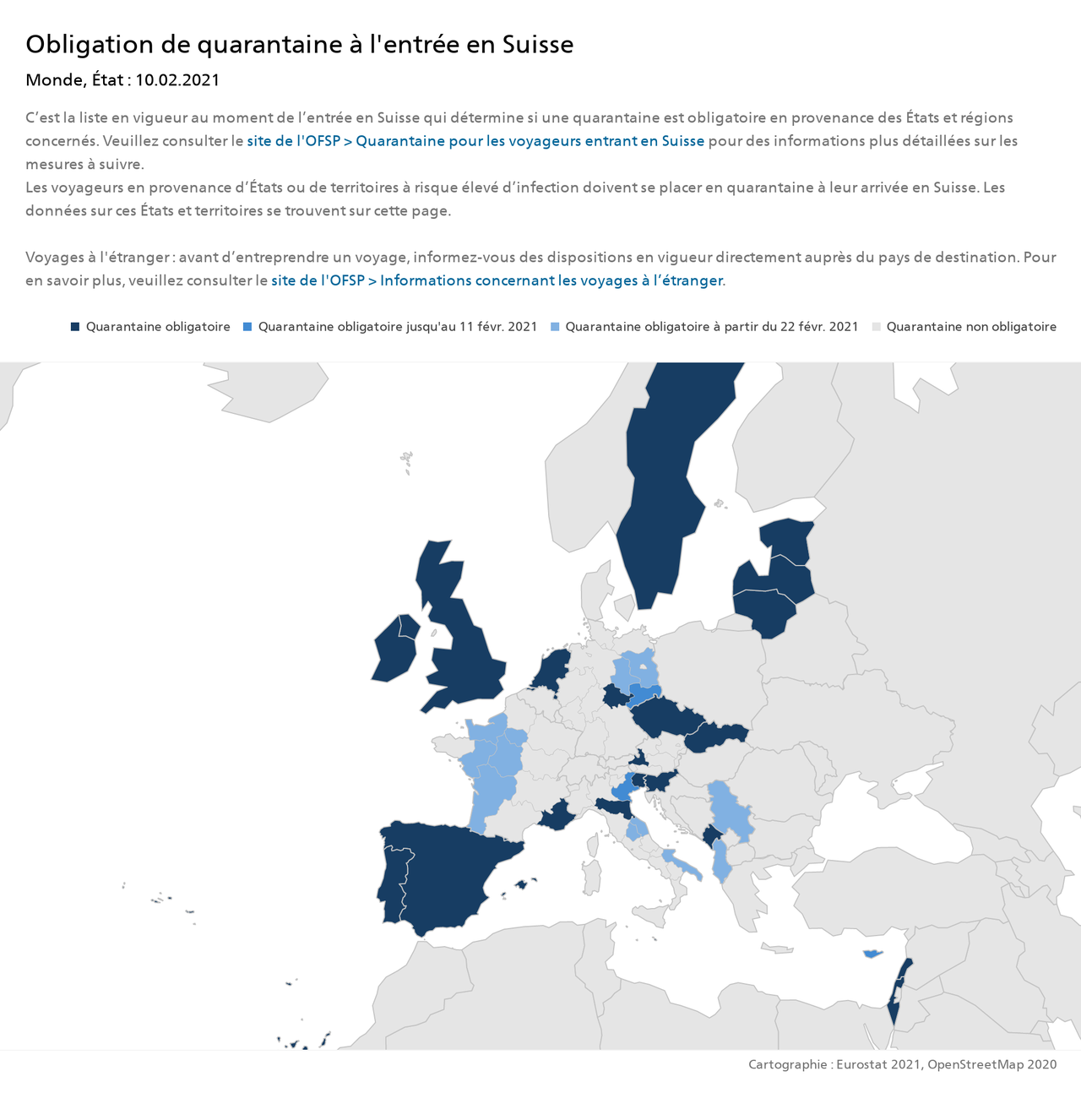 En bleu foncé: quarantaine obligatoire; en bleu clair: quarantaine obligatoire dès le 22 février; en bleu moyen: quarantaine obligatoire jusqu'au 11 février. [OFSP]