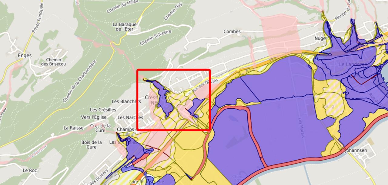 La carte des dangers d'inondations dans la région de Cressier (NE). [sitn.ne]