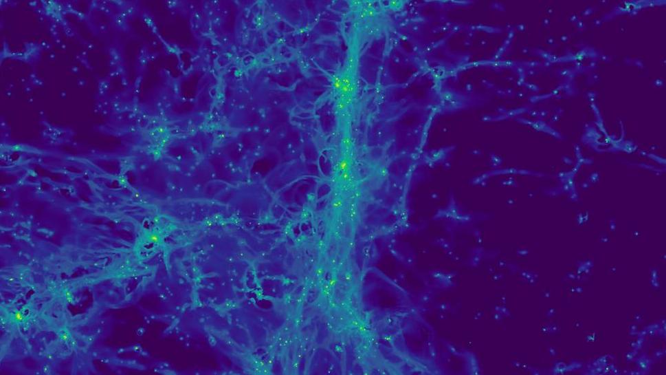 Simulation cosmologique de l'Univers lointain: cette image illustre la lumière émise par les atomes d'hydrogène de la toile cosmique dans une région d'environ 15 millions d'années lumière de large. [UNIGE - Jeremy Blaizot]