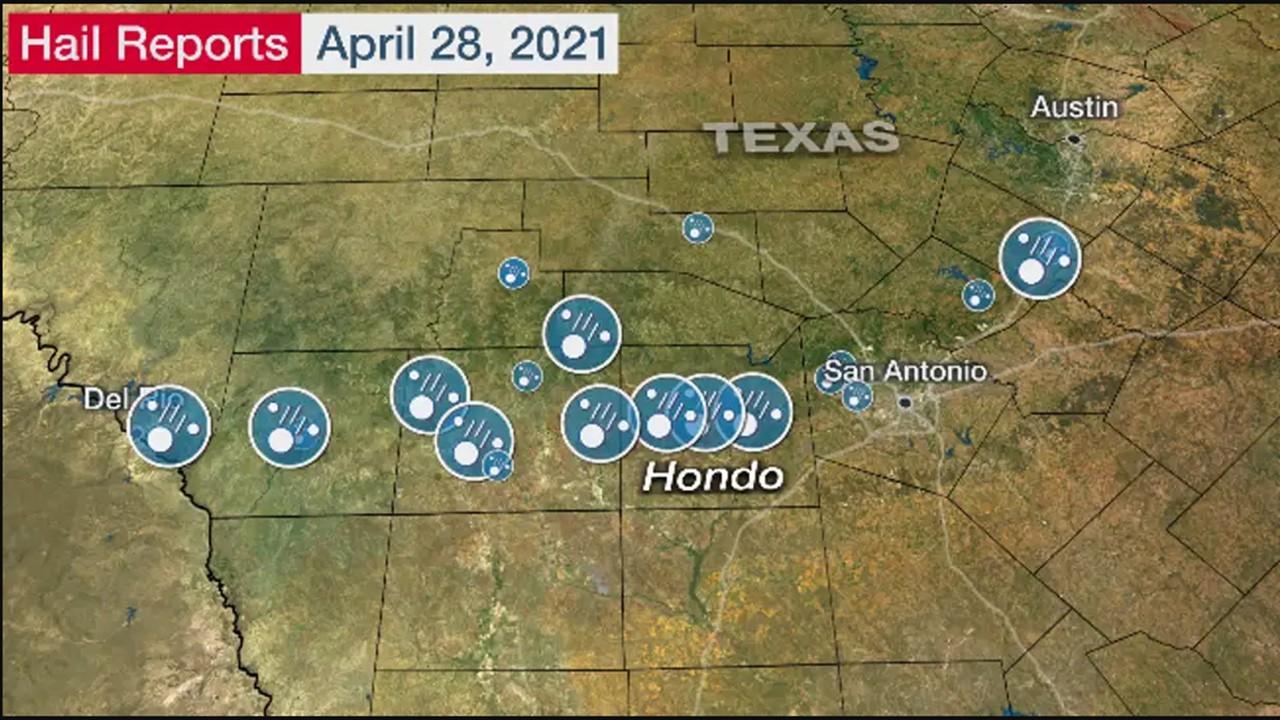 Trajectoire des orages de grêle sur le Texas, le 28 avril 2021 [NWS]