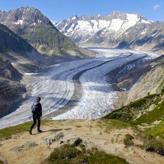 Une femme marche près du glacier d'Aletsch, en Valais. [KEYSTONE - Anthony Anex]