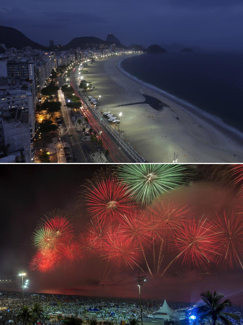 La plage de Copacabana était vide pour le passage à 2021 (en haut). En comparaison, le même endroit le 1er janvier 2020. [Keystone/AP photo - Bruna Prado]