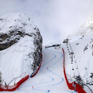 In this photo taken on Feb. 9, 2021, a view of the Tofana Schuss, in Cortina d' Ampezzo, Italy. The Tofana schuss, a chute between two huge cliffs of sheer rock, is the signature section of the womenâÄ&#x2122;s downhill at the Alpine skiing world championships. (AP Photo/Alessandro Trovati) [AP Photo via Keystone - Alessandro Trovati]