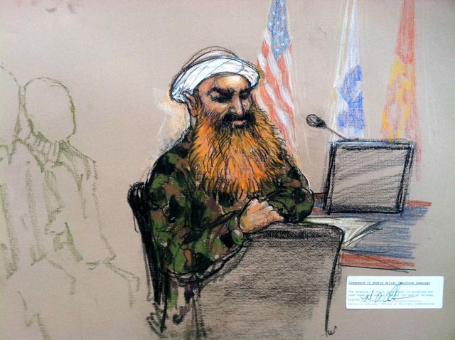 Khalid Sheikh Mohammed lors d'une audition en 2013. Vue d'artiste [KEYSTONE - JANET HAMLIN]