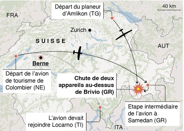 Le parcours et le point de chute des deux appareils. [Keystone - Gerhard Riezler]