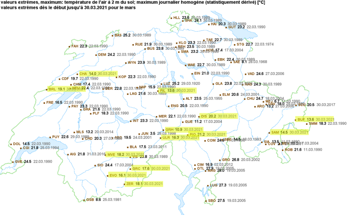 Carte des records de températures maximales pour mars, date et valeurs. Les records établis le 30 mars 2021 sont surlignés en jaune. [météosuisse]