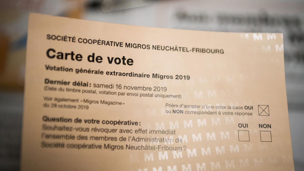 Une carte de votation de la Migros Neuchâtel-Fribourg de novembre 2019. [Keystone - Jean-Christophe Bott]