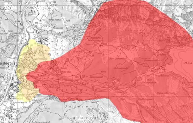 La zone menacée en cas de gros effondrement du Spitze Stei. [Gemeinde Kandersteg]