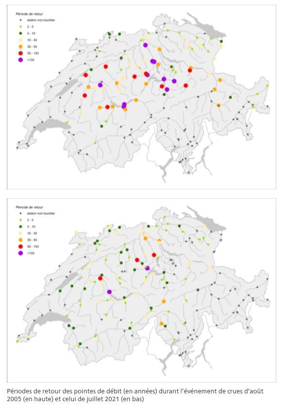 Périodes de retour des pointes de débit (en années) durant l’événement de crues d’août 2005 (en haute) et celui de juillet 2021 (en bas) [OFFICE FÉDÉRAL DE L'ENVIRONNEMENT]