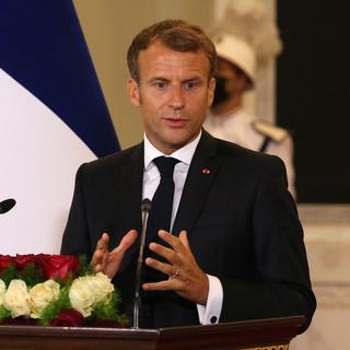 Emmanuel Macron à Bagdad le 28 août 2021. [EPA/Keystone - Ahmed Jalil]