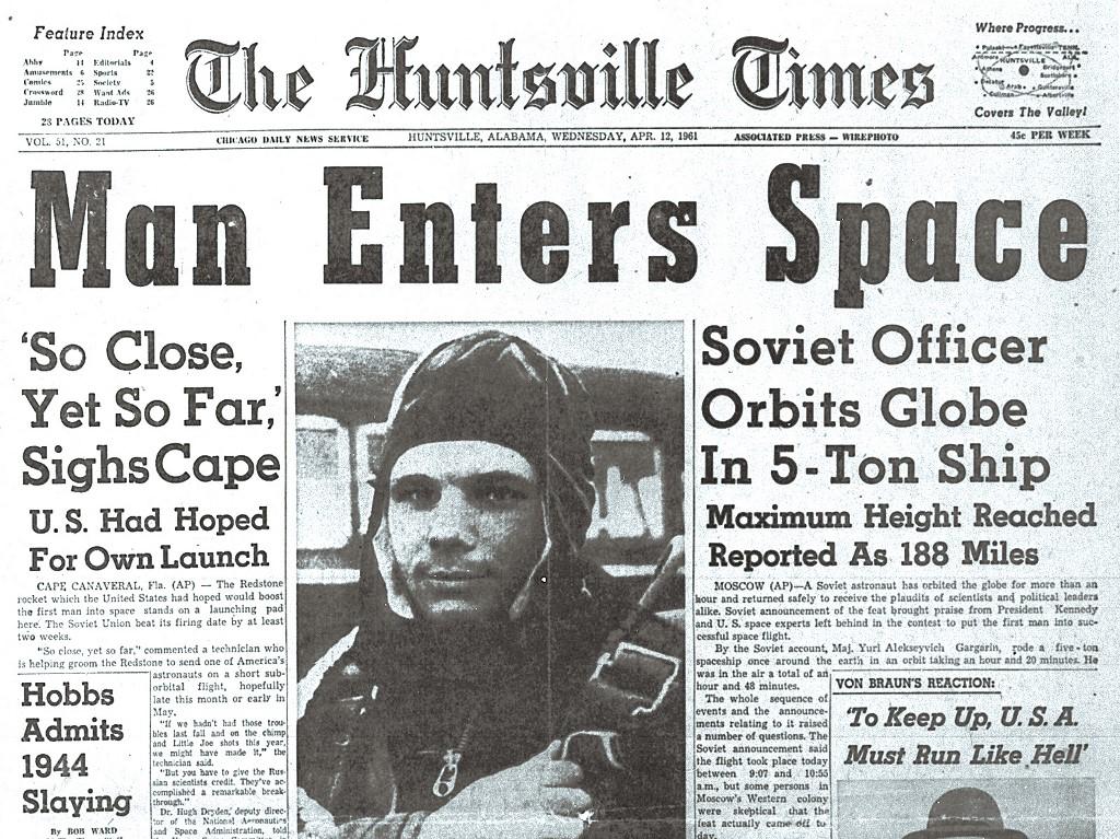 Youri Gagarine à la une du journal américain "The Huntsville Times", le 12 avril 1961. [AFP]