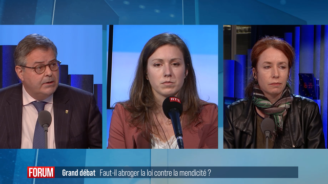 Débat entre Caroline Marti, députée socialiste au Grand Conseil genevois, Marc-Olivier Buffat, président du PLR vaudois et député au Grand Conseil et Janine Weber, réalisatrice du documentaire "L'oasis des mendiants" sorti en 2015 et membre d'Opre Rrom. [RTS]