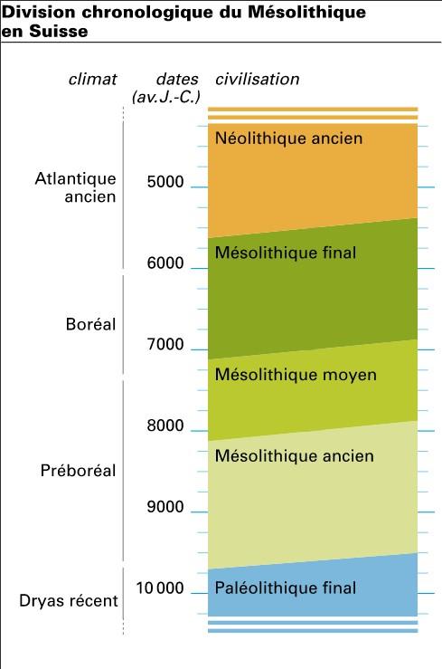 Division chronologique du Mésolithique en Suisse. [DHS et Marc Siegenthaler, Berne - Indications de Pierre Crotti; "La Suisse du Paléolithique à l'aube du Moyen-Age", 1, 1993, p. 206]